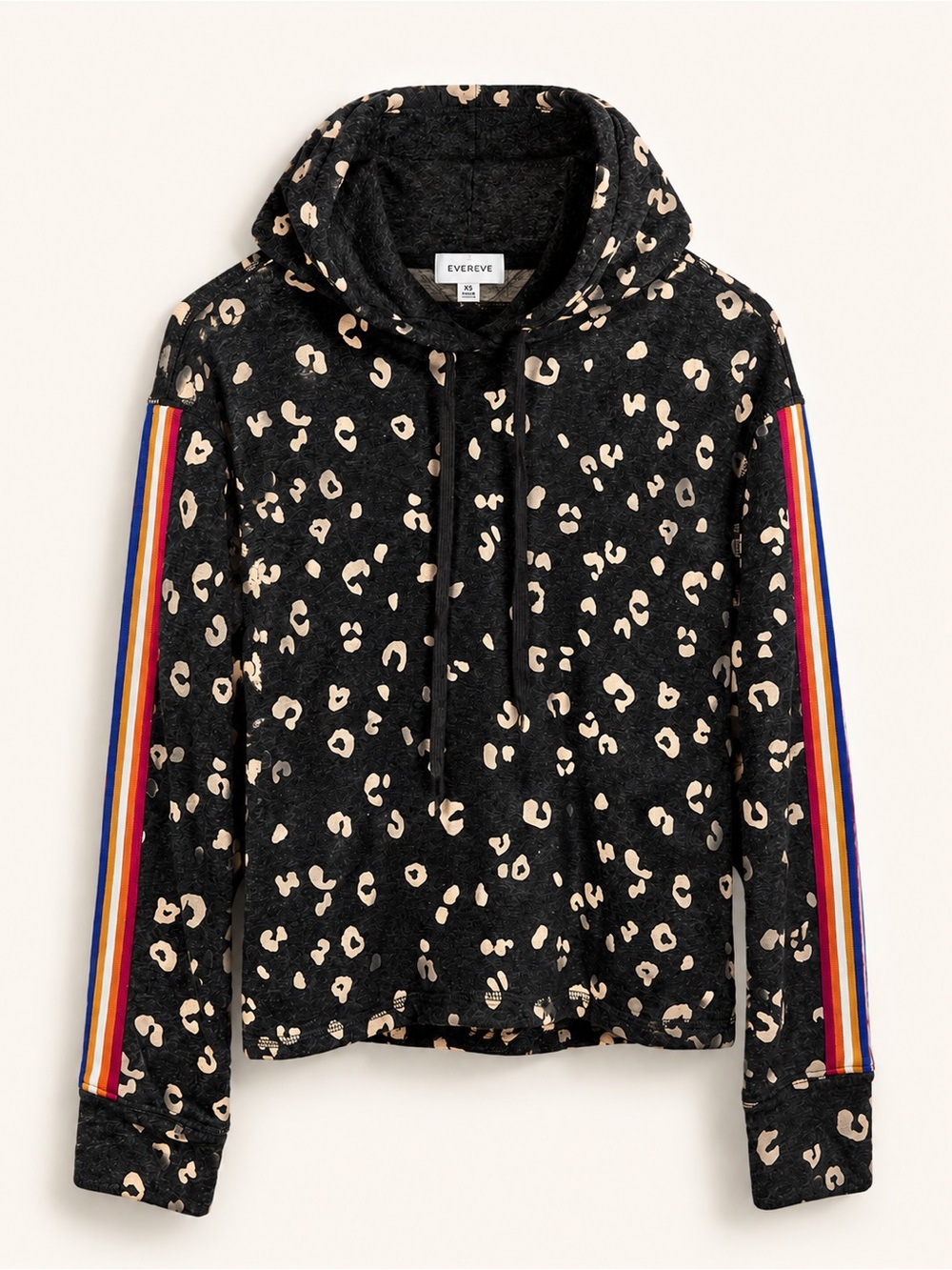 Evereve Black Leopard Hoodie w/ Colorful Striped Sleeves (353)